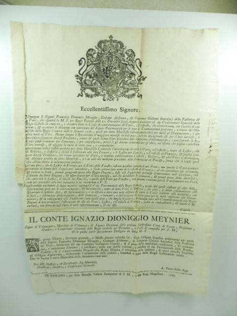 Eccellentissimo Signore espongono li Signori Francesco Domenico Miraglio, Giuseppe Alasonato & Vincenzo Galeani impresarj della fabbrica de' vetri... hanno dunque li Ricorrenti il maggiore interesse in tali pene perché invigilando essi per il loro interesse è loro riuscto scuoprire diversi frodatori